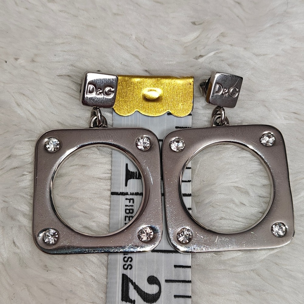 Dolce & Gabbana D&G Silver Tone Crystal Square Drop Earrings Logo Engraved - Picture 6 of 6
